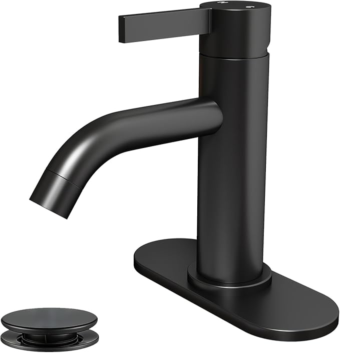 Matte Black Bathroom Faucet Single Hole with Pop-Up Bathroom Drain and Flexible Hoses Single Handle Bathroom Sink Faucet w/Deck Plate(1 or 3 Hole) for Vanity Sinks, RV, Farmhouse