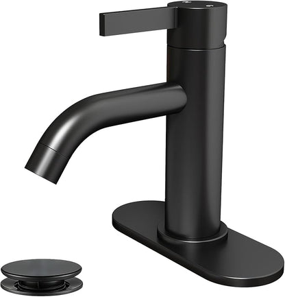 Matte Black Bathroom Faucet Single Hole with Pop-Up Bathroom Drain and Flexible Hoses Single Handle Bathroom Sink Faucet w/Deck Plate(1 or 3 Hole) for Vanity Sinks, RV, Farmhouse