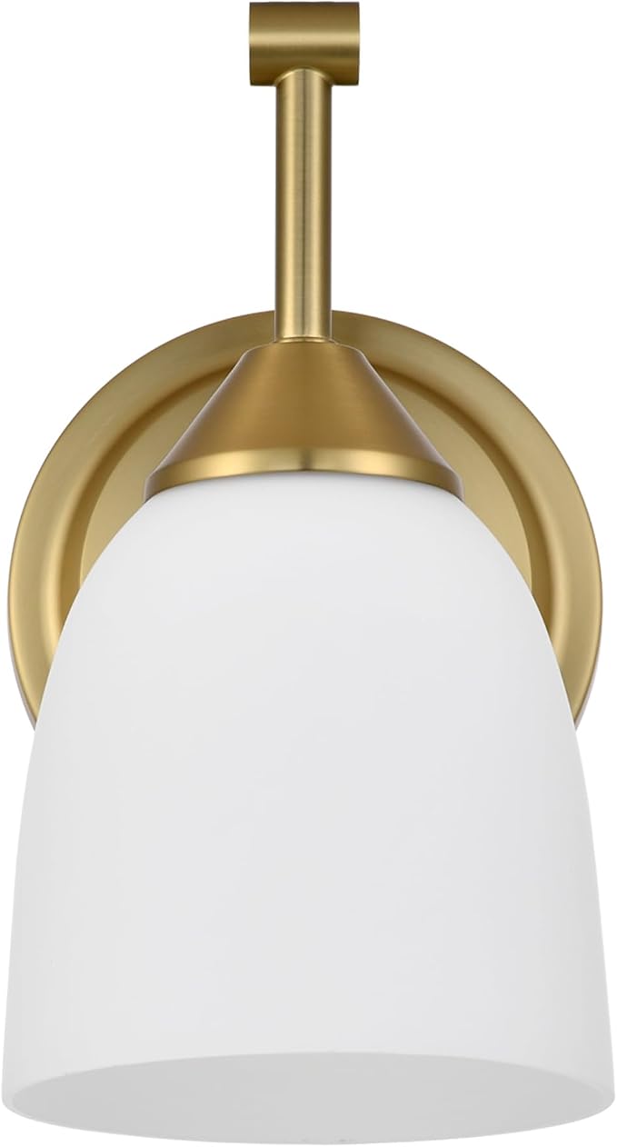 Traditional 1-Light Indoor Gold Wall Sconce with Frosted Glass Bathroom Bedroom Hallway, 9.6" H x 5.5" W, Aged Brass