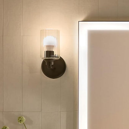 Kichler Gioe 5" 1-Light Wall Sconce with Clear Fluted Glass in Black, Damp Rated, for Powder Room, Kitchen, Hallway, Bedroom, Fireplace, (5" W x 9.5" H), 55224BKFLU