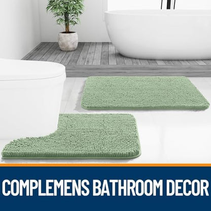 OLANLY Chenille Bathroom Rugs Mats Set 2 Piece, 24"x16"+24"x20", Sage Green