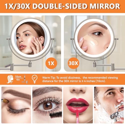 Auxmir 1X/30X Wall Mounted Makeup Mirror, 8" Rechargeable Magnifying Mirror
