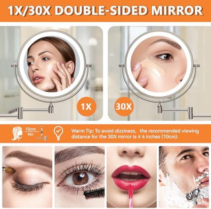 Auxmir 1X/30X Wall Mounted Makeup Mirror, 8" Rechargeable Magnifying Mirror