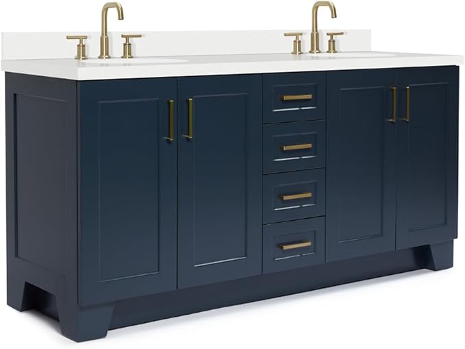 ARIEL Taylor 72-inch Bathroom Vanity with Sink,Solid Wood, 1.5-inch Pure White Quartz Countertop & Backsplash, Double Oval Porcelain Sink, 4 Soft Closing Doors, 6 Dovetail Drawers, Midnight Blue