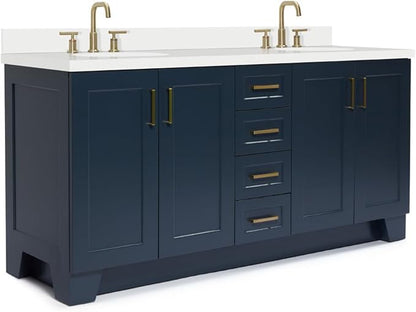 ARIEL Taylor 72-inch Bathroom Vanity with Sink,Solid Wood, 1.5-inch Pure White Quartz Countertop & Backsplash, Double Oval Porcelain Sink, 4 Soft Closing Doors, 6 Dovetail Drawers, Midnight Blue