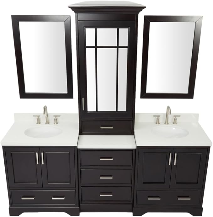 ARIEL Stafford 84-inch Bathroom Vanity with Sink,Solid Wood, 1.5-inch Pure White Quartz Countertop & Backsplash, Double Oval Porcelain Sink, 5 Soft Closing Doors, 6 Dovetail Drawers, Espresso