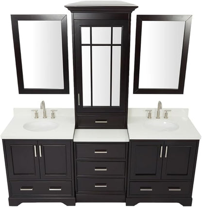 ARIEL Stafford 84-inch Bathroom Vanity with Sink,Solid Wood, 1.5-inch Pure White Quartz Countertop & Backsplash, Double Oval Porcelain Sink, 5 Soft Closing Doors, 6 Dovetail Drawers, Espresso