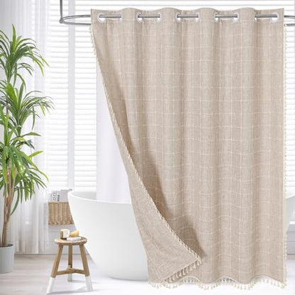 MitoVilla No Hooks Needed Boho Farmhouse Shower Curtain with Snap-in Liner, Cotton Linen Fabric Shower Curtains with Tassels for Rustic Neutral Bathroom Decor, Tan/Taupe, 72 x 74