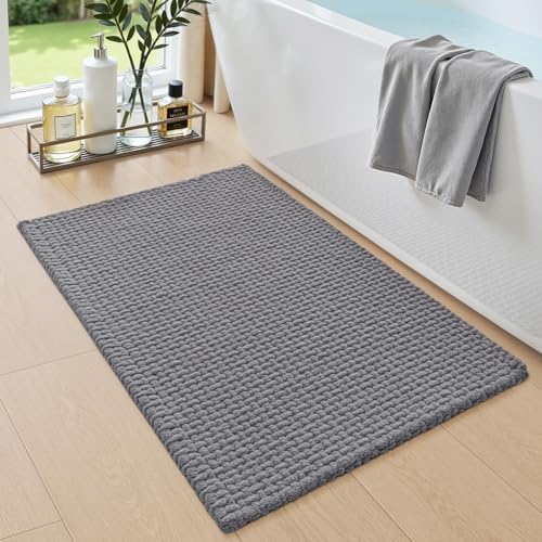 DEXI Chenille Bath Mat 24x16, Soft Absorbent Bathroom Rugs, Grey