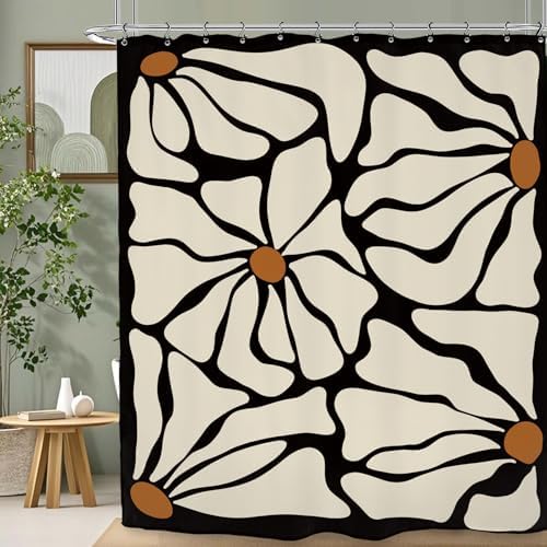 Matisse Flower Shower Curtain 60Wx72L Inch Abstract Retro Aesthetic Minimalist Modern Vintage Art 70s Modern Black Beige Bathroom Set Accessories Decor with 12 Pack Hooks