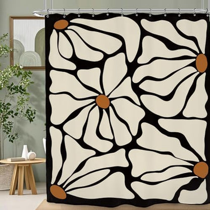 Matisse Flower Shower Curtain 60Wx72L Inch Abstract Retro Aesthetic Minimalist Modern Vintage Art 70s Modern Black Beige Bathroom Set Accessories Decor with 12 Pack Hooks