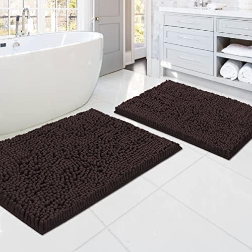 H.VERSAILTEX Luxury Chenille Bathroom Mats - Non Slip, Extra Soft, Absorbent, Shaggy, Washable, Fast Dry 2 Piece (Chocolate, 20" x 32"/17" x 24")