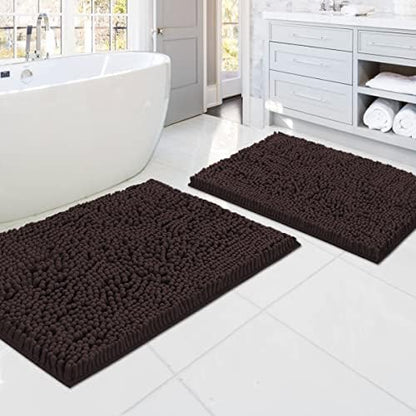 H.VERSAILTEX Luxury Chenille Bathroom Mats - Non Slip, Extra Soft, Absorbent, Shaggy, Washable, Fast Dry 2 Piece (Chocolate, 20" x 32"/17" x 24")