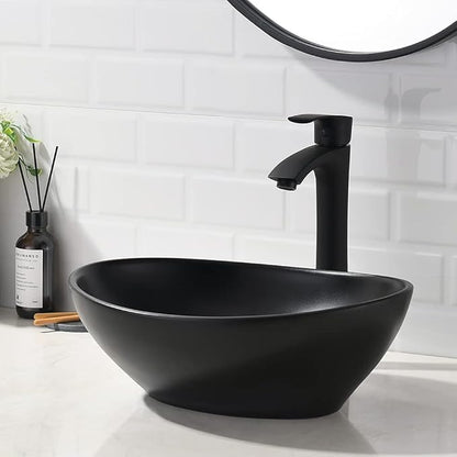 16x13 Matte Black Vessel Sink With Faucet and Drain Combo - Oval Porcelain Ceramic Above Counter Bathroom Sink