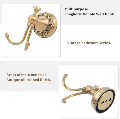 Antique Brass Towel Hook, Wall Mounted Bathroom Copper Double Hook for Clothing Robe Hanger, Screws Install Shower Wall Hook