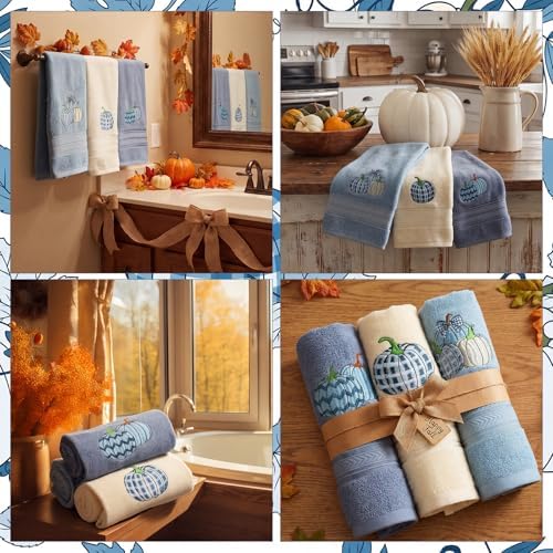 FuWeave 3 Pcs Blue White Fall Pumpkin Hand Towels for Bathroom