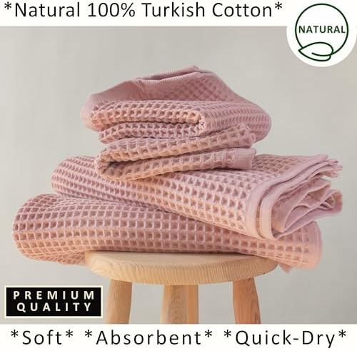 PÜSKÜL Natural 100% Turkish Cotton Waffle Towels Set of 4-Piece Pink Powder