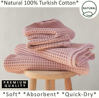 PÜSKÜL Natural 100% Turkish Cotton Waffle Towels Set of 4-Piece Pink Powder