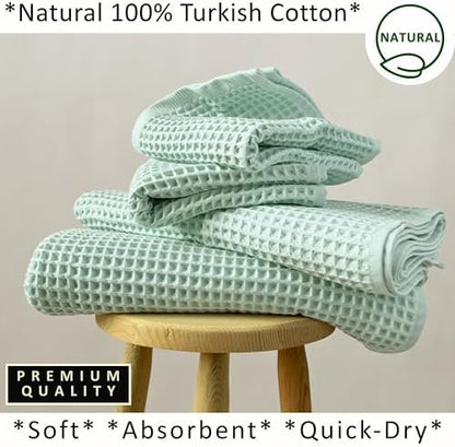 PÜSKÜL Natural 100% Turkish Cotton Waffle Towels Set of 4-Piece, Ice Green