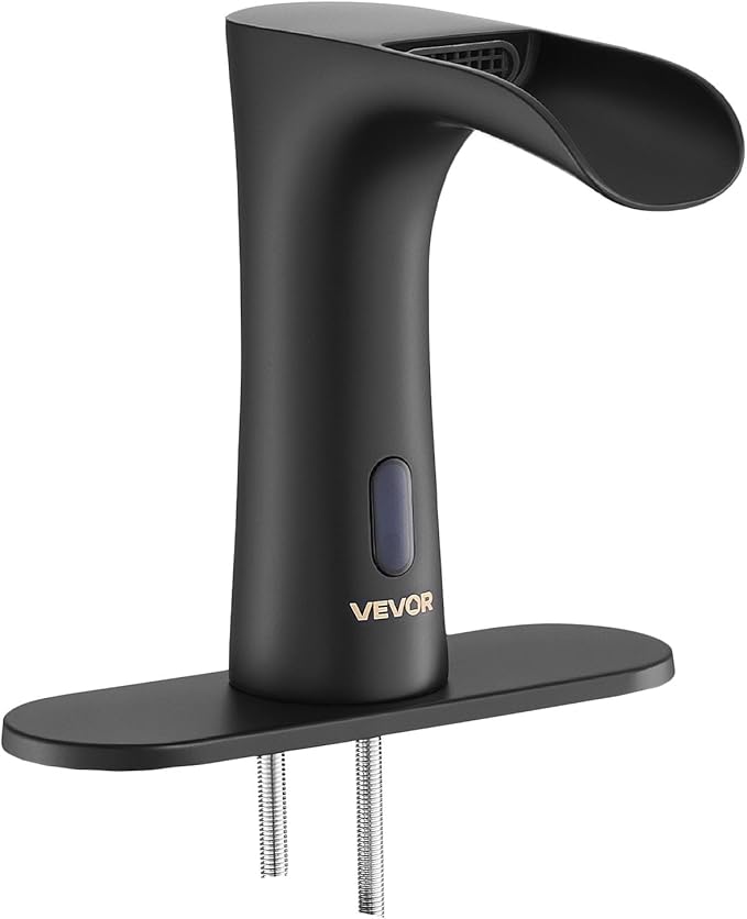 VEVOR Touchless Bathroom Sink Faucet, Automatic Motion Sensor Waterfall Restroom Toilet Faucet with Hole Cover Plate, Modern Electronic Sensor Hot/Cold Water for 9/16 in Pipe Commercial,Matte Black