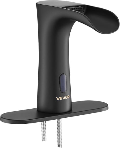 VEVOR Touchless Bathroom Sink Faucet, Automatic Motion Sensor Waterfall Restroom Toilet Faucet with Hole Cover Plate, Modern Electronic Sensor Hot/Cold Water for 9/16 in Pipe Commercial,Matte Black