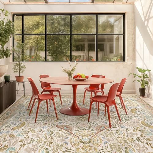 Hazo Haus Beige Washable 7x10 Kitchen Table Area Rug - Western Nature Rugs for Living Room, Bedroom, Playroom, Guest Room with Boho Neutral Botanical & Bird Pattern, Non Slip Stain Resistant Low Pile