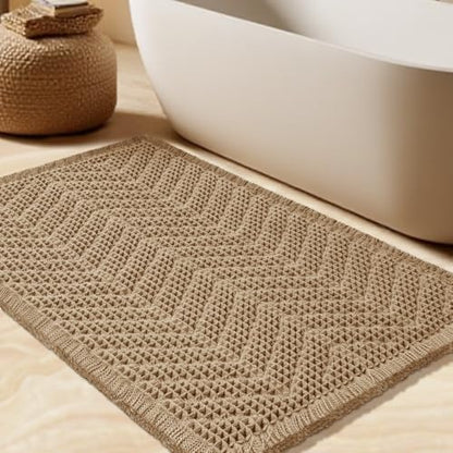 Upgrade Waffle Bath Mat,Boho Bathroom Rugs Absorbent Non Slip, Ultra Soft Bathroom Mat, Machine Washable Knit Bath Rugs with Herringbones for Bathroom, Bedroom, Kitchen, Shower, Tub, 36"x24", Beige