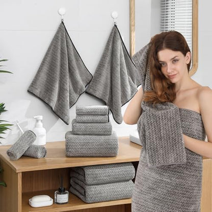 Ycosy 18 Piece Bath Towels Set,100% Microfiber Family Bathroom Towel with Hanging Loops-6 Bath Towels,6 Hand Towels,6 Washcloths,Quick Dry Highly Absorbent Shower Towel for Bathroom,Hotel,Spa-Brown