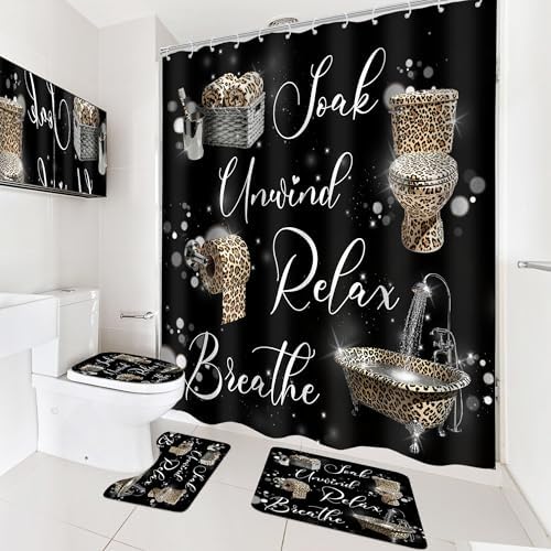 Cheetah Leopard Brown Women Cool 4Pcs Bathroom Shower Curtain Set with Rugs