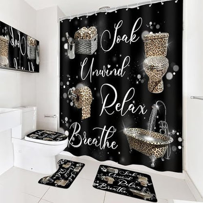 Cheetah Leopard Brown Women Cool 4Pcs Bathroom Shower Curtain Set with Rugs