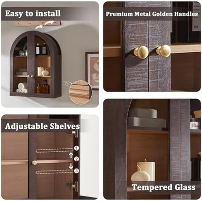 Bathroom Arched Wall Cabinet,23.5'' Wide Medicine Cabinet, Bathroom Cabinet Wall Mount W/Glass Doors & Adjustable Shelves, Over The Toilet Storage Cabinet for Laundry Room, Bedroom,Kitchen, Brown