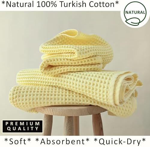 PÜSKÜL Natural 100% Turkish Cotton Waffle Towels Set of 4-Piece, L.-Yellow