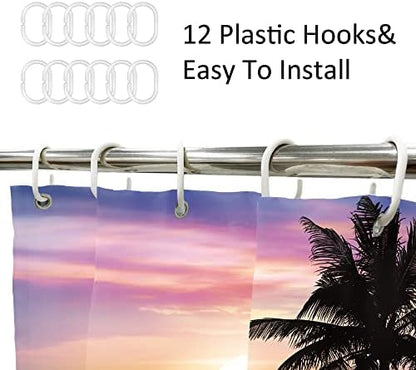 Ocean Sunrise Shower Curtain Beach Tropical Palm Tree Hawaiian Bathroom Set