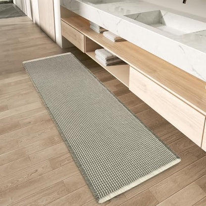 AMOAMI Upgraded Waffle Runner Rug Super Absorbent Non Slip Bath Mats for Bathroom Machine Washable Bathroom Runner Rug with Tassels, Ideal for Hallway Bedroom Laundry Room, 2' x 5', Green & Cream