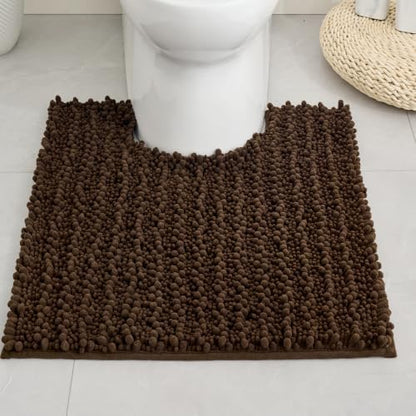 Disolla Toilet Rug 24x24 Inch - Brown U-Shaped Bathroom Floor Mat, Soft Shaggy Plush Absorbent Chenille Contour Rug, Non-Slip Washable Pedestal Base Rug