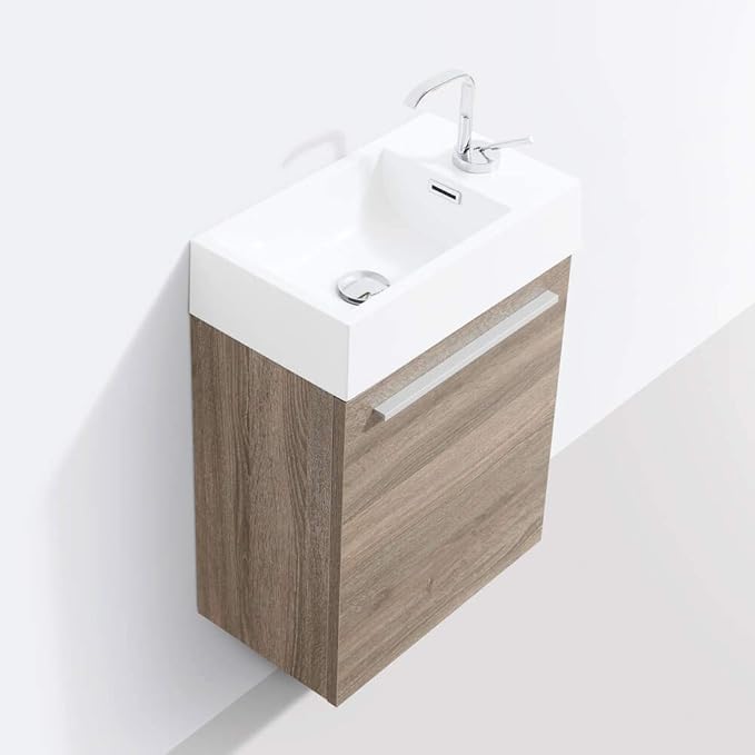 Blossom 18-Inch Floating Bathroom Vanity with Acrylic Sink, All-Wood Construction, Space-Saving Wall Mounted Vanity Cabinet for Compact Bathrooms, Modern Design Bathroom Sink Cabinet, Cart Oak