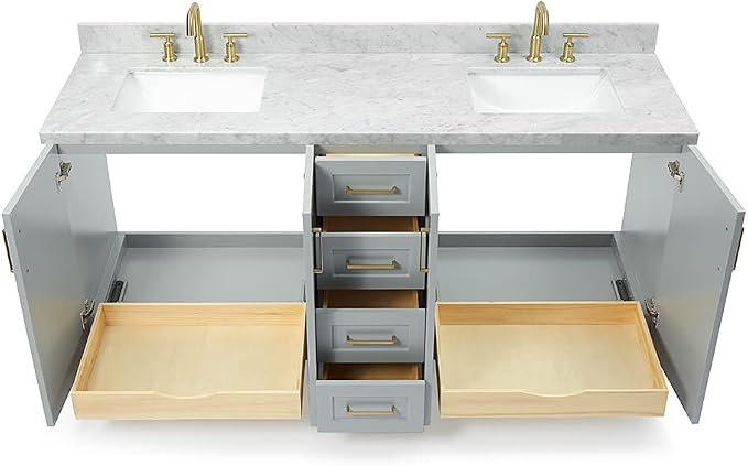 ARIEL Taylor 72-inch Bathroom Vanity with Sink,Solid Wood, 1.5-inch Italian Carrara Marble Countertop & Backsplash, Double Rectangular Porcelain Sink, 4 Soft Closing Doors, 6 Dovetail Drawers, Grey