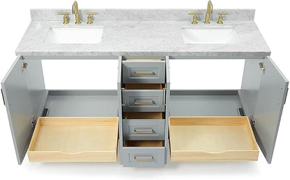ARIEL Taylor 72-inch Bathroom Vanity with Sink,Solid Wood, 1.5-inch Italian Carrara Marble Countertop & Backsplash, Double Rectangular Porcelain Sink, 4 Soft Closing Doors, 6 Dovetail Drawers, Grey