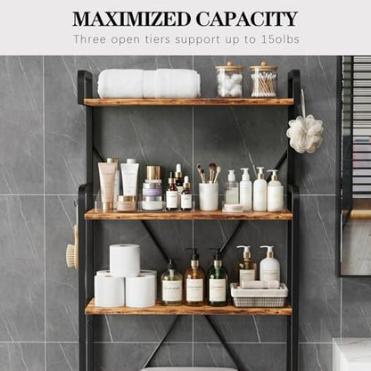 Over The Toilet Storage Cabinet, Freestanding Bathroom Shelf with Hooks