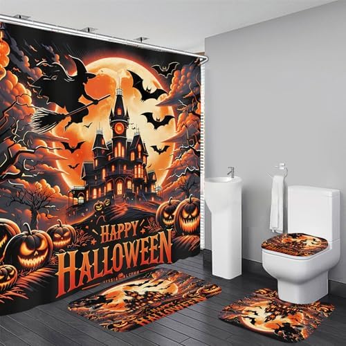 Yddsky Halloween 4Pcs Castle Shower Curtain Sets for Bathroom,72x72 Inch