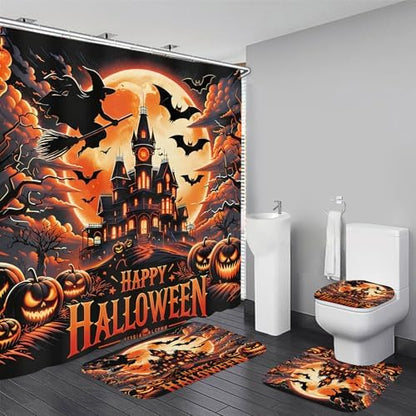 Yddsky Halloween 4Pcs Castle Shower Curtain Sets for Bathroom,72x72 Inch