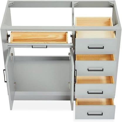 ARIEL Hepburn 42-inch Bathroom Vanity Base Cabinet,Solid Wood, 2 Soft Closing Doors, 5 Dovetail Drawers, Grey