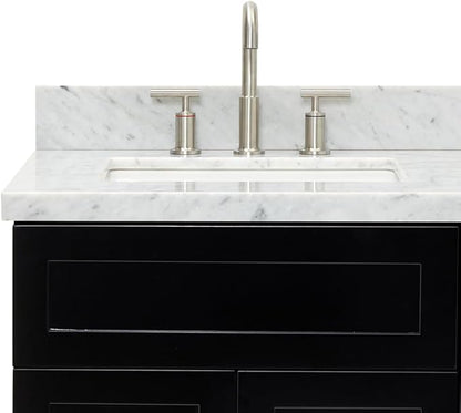 ARIEL Hamlet 60-inch Bathroom Vanity with Sink,Solid Wood, 1.5-inch Italian Carrara Marble Countertop, Double Rectangular Porcelain Sink, 4 Soft Closing Doors, 3 Dovetail Drawers, Black