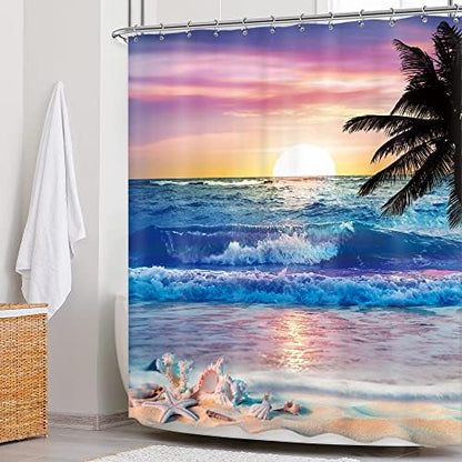 Ocean Sunrise Shower Curtain Beach Tropical Palm Tree Hawaiian Bathroom Set