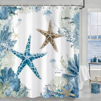 Green Beach Shower Curtain for Bathroom, Ocean Coastal Theme, 72x72 In