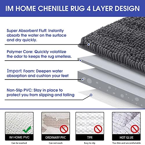 ACCUMTEK Striped Grey Bathroom Rug Mat 48"x17" Ultra Soft, Non Slip Chenille Bath Rugs, Absorbent Plush Shaggy Bath Mats for Bathroom, Bedroom, Kitchen, Shower, Tub,Dark Gray, Charcoal