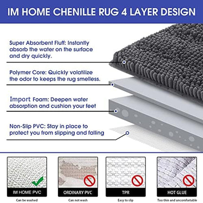 ACCUMTEK Striped Grey Bathroom Rug Mat 48"x17" Ultra Soft, Non Slip Chenille Bath Rugs, Absorbent Plush Shaggy Bath Mats for Bathroom, Bedroom, Kitchen, Shower, Tub,Dark Gray, Charcoal