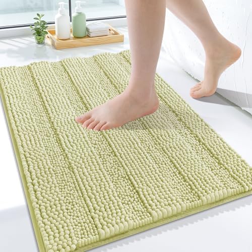 Grandaily Chenille Striped Bathroom Rugs 24x16, Extra Thick and Soft Absorbent Bath Mats, Rubber Backing, Plush Shaggy Shower Carpet, Machine Wash Dry, Bath Rug for Bathroom, Vanilla