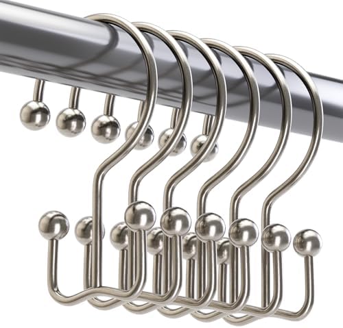 Titanker Shower Curtain Hooks Rings, Rust Resistant Metal Minimalist Simple Double Glide Shower Hooks Rings for Bathroom Shower Rods Curtains, Set of 12 Hooks - Nickel