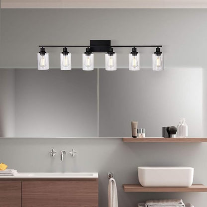 MELUCEE Black Vanity Light Fixture 6-Light with Clear Glass Shade | Industrial Metal Wall Sconce Bathroom Lighting for Bedroom Hallway Kitchen,(Patent No.: US D963914 S)